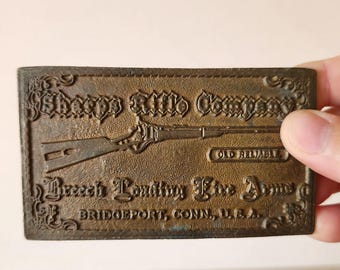 Vintage Sharp Rifle Company (w/NO HOOP) Belt Buckle, Rustic Matte Bronze Toned Breech Loading Fire Arms, Old Reliable, Bridgeport Conn.