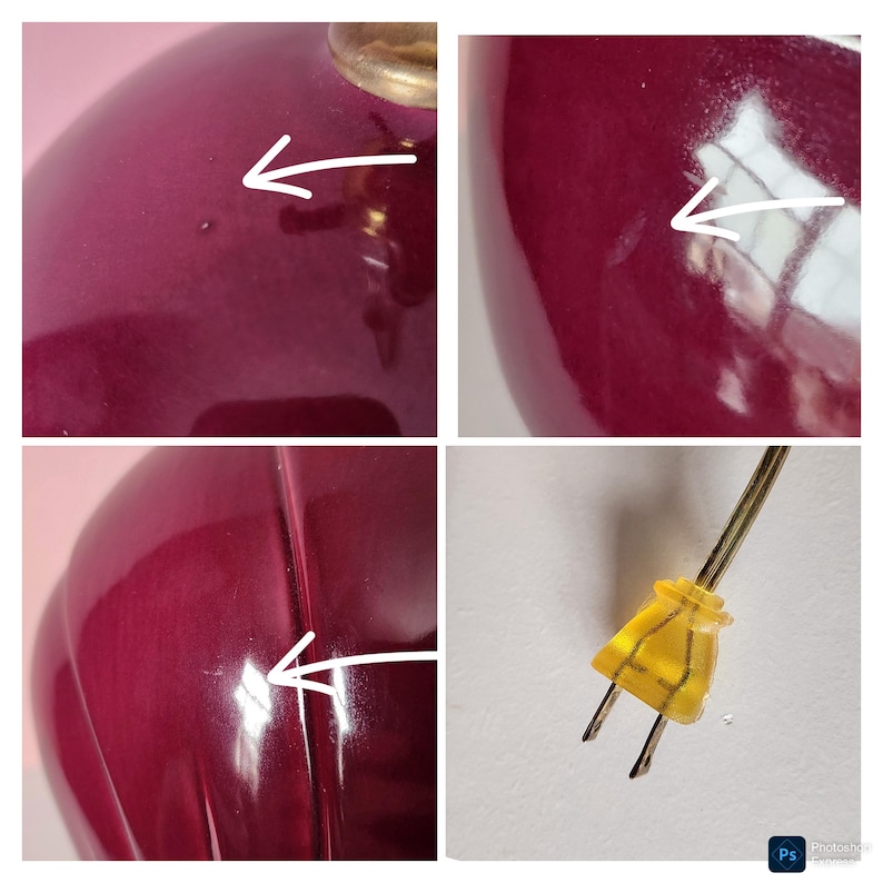 May include: Close-up shots of a deep burgundy ceramic lamp base with a gold-colored metal fitting. The lamp base has a glossy finish and a ribbed design. A yellow electrical plug is also visible.