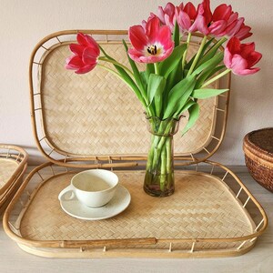 70's Vintage Bamboo Tray Set of 4, Natural  Herringbone Woven, Serving TV or Decorative, Tiki Bar, Bamboo Cane Edge, Retro Curved Corners