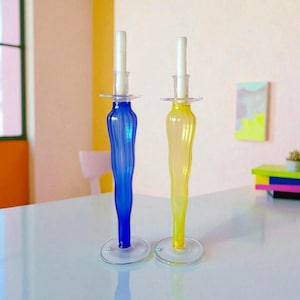 Tall Vintage Italian Cobalt & Lemon Yellow Blown Art Glass Candlestick Holders