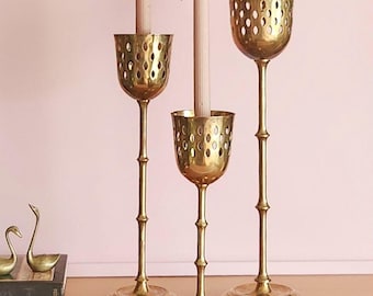 Set of 3 - Tall Stemmed Oval Pierced Brass Tiered Candlestick Holders, 1990's Decorative Bamboo Style, Staggered Taper Candle Stands