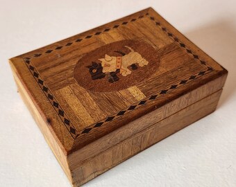 希少 Antique Wooden Object 1940's Scotties Wood Parquet Trinket Box, Occupied Japan