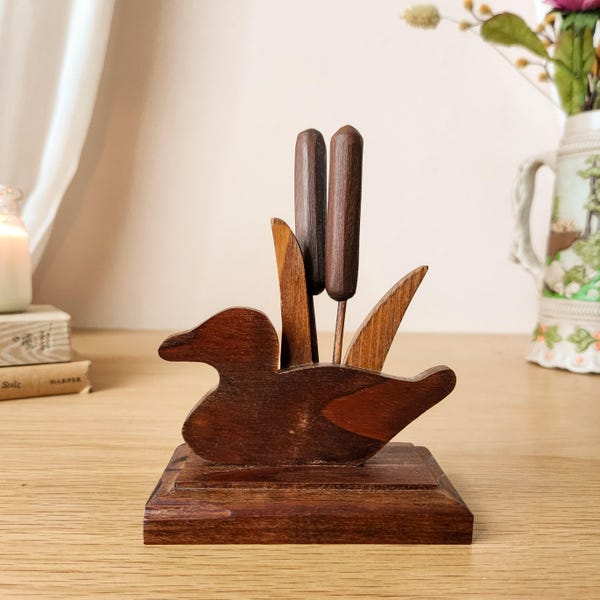Folksy Small Dark Wood Duck w Cattails on Stand, Vintage Rustic Fall Decor, 1970's to 1980's Wooden Cutout