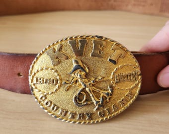 Austin Texas KVET 1300 AM Country Music Radio Station Belt Buckle Prize, Vintage 1980's, Gold Toned Metal