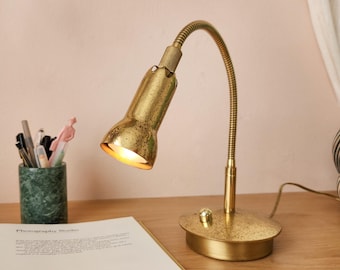 Vintage Levenger Brass Metal Adjustable Gooseneck Reading Lamp, Dimmable Desk Work Light, 1980's Gold Toned w Patina, Mid-Century Style