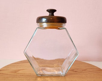 Small Vintage Glass Canister - Hexagonal - Wood Lid