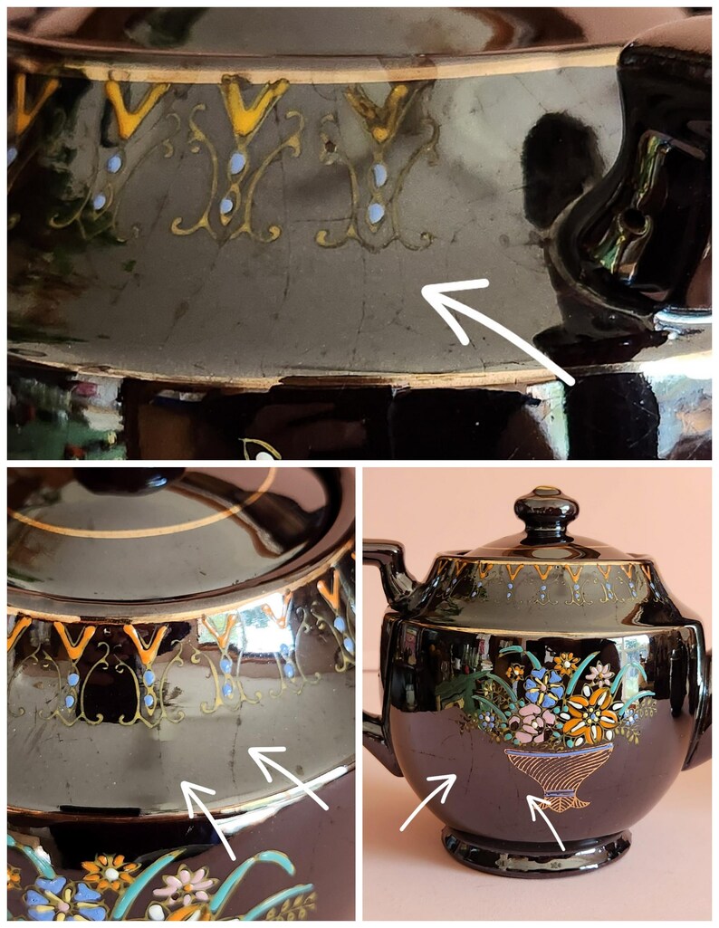 May include: Black vintage teapot with a lid, handle, and spout. The teapot features floral and geometric designs in gold, blue, and orange. The teapot has a glossy finish and a decorative design around the rim.