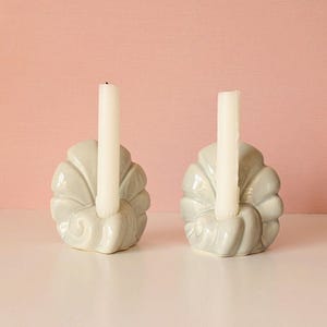 Art Deco Sea Shell Taper Candle Holders - Blue-Gray - Ceramic Vintage Decorative Scalloped Palmette Neutral Coastal Decor