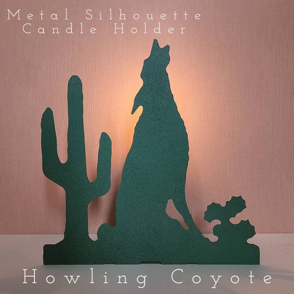 Torquoise Metal Silhouette of Coyote & Saguaro Cacti Cut-Out Candle Holder -