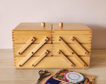 Danish Style Folding Wooden Hobbyist or Sewing Box, Accordion Arts & Crafts Organizer, Cantilever Extending Drawers, Light Wood