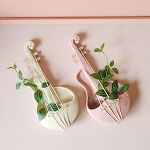 May include: Two violin-shaped wall planters, one cream and one pink, each holding green leafy plants. The planters have a textured surface and are mounted on a pink wall. The design mimics the shape of a violin.