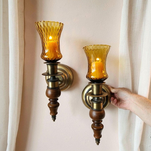 Amber Glass, Bronze & Wood Toned Candle Sconces, Pair of Vintage 1970's Wall Candle Holders, Textured Colored Glass