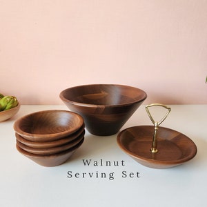 Mid-century Vermillion Walnut Salad Set w/ Nut Bowl, Vintage Dark Wood Serving Bowls