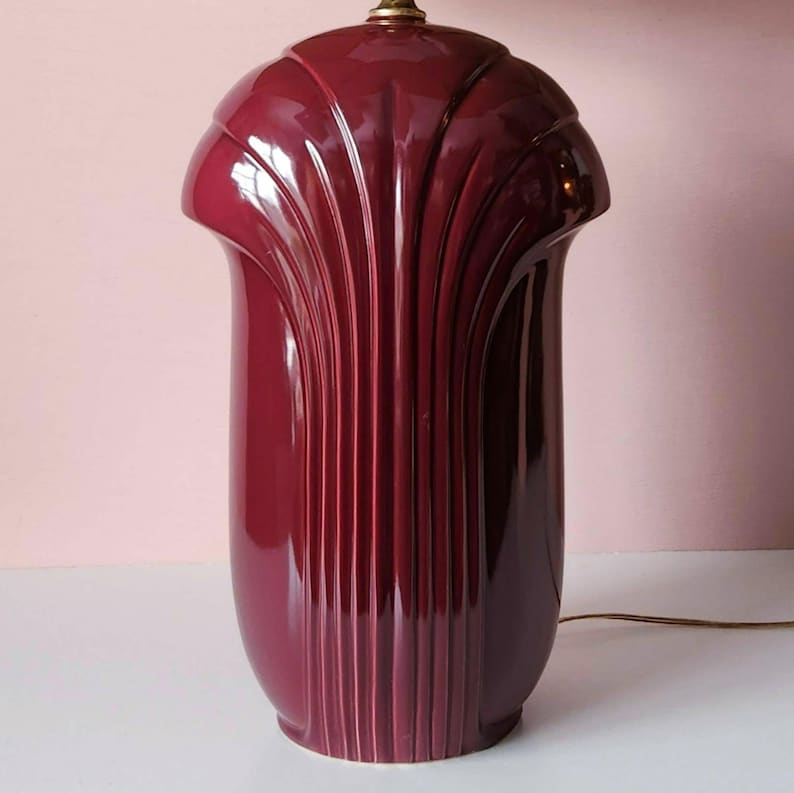 Rare 80's Dark Raspberry Art Deco Lamp - Large Fan Style Stocky Vintage Ceramic Purple Table Accent Lamp image 2