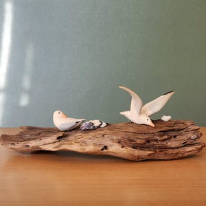 Vintage Seagulls On Natural Driftwood, Nautical Decor