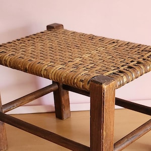 Vintage Rustic French Woven Cane & Wood Footstool
