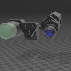 May include: A black and gray night vision scope with a green lens and a blue lens. The scope has a triangular mount.