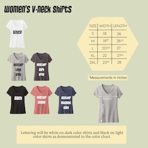 a collection of women's v-neck shirts in various colors and sizes, along with a color chart that provides measurements in inches. The shirts are labeled with their respective sizes and the color they will be printed on. The text indicates that the lettering will be white on dark shirts and black on light shirts, and that the color chart will be used to demonstrate the measurements.
