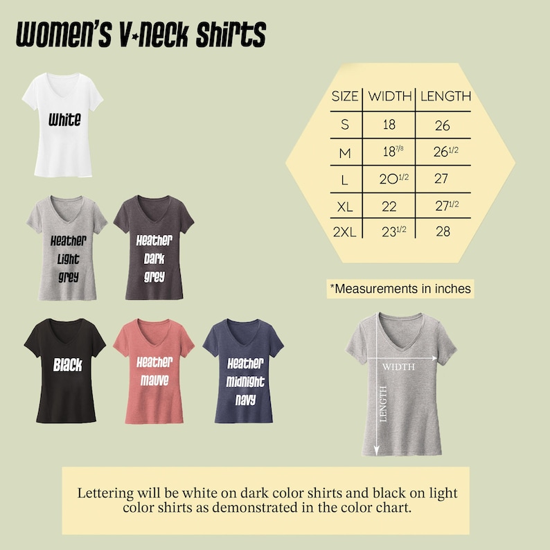 a collection of women's v-neck shirts in various colors and sizes, along with a color chart that provides measurements in inches. The shirts are labeled with their respective sizes and the color they will be printed on. The text indicates that the lettering will be white on dark shirts and black on light shirts, and that the color chart will be used to demonstrate the measurements.