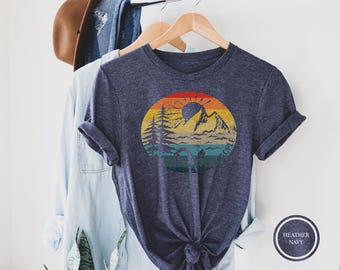 Retro Camping T-Shirt, Mountain Sunset Graphic Tee, Outdoor Adventure Shirt
