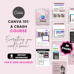 Puede incluir: Un gráfico rosa y blanco con el texto "Canva 101: A Crash Course" y "Everything you need to know!" El gráfico también incluye un botón de descarga y el texto "Descarga instantánea" y "PLR & MRR incluidos".