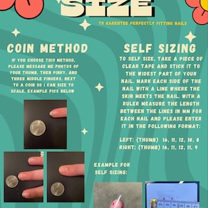 Op de afbeelding: Een turquoise afbeelding met instructies over het meten van nagels voor maatvoering. De tekst luidt "ways to size" met twee methoden: Coin Method en Self Sizing. Voorbeeldfoto's en een liniaal zijn inbegrepen.