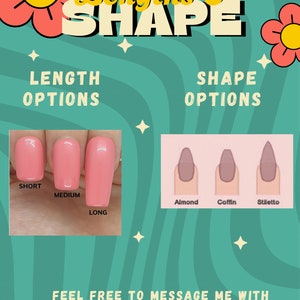 Op de afbeelding: Een turquoise achtergrond met de woorden "Lengths & SHAPE" in geel. De afbeelding toont nagellengte-opties: kort, medium en lang. Vormopties zijn amandel, kist en stiletto. De tekst moedigt vragen aan.