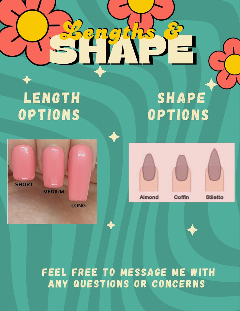 Op de afbeelding: Een turquoise achtergrond met de woorden "Lengths & SHAPE" in geel. De afbeelding toont nagellengte-opties: kort, medium en lang. Vormopties zijn amandel, kist en stiletto. De tekst moedigt vragen aan.