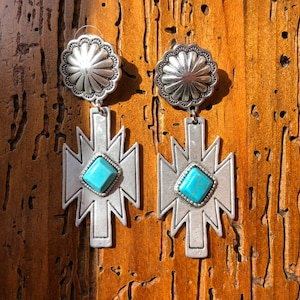 2.8&quot; Concho Post, Aztec Natural Turquoise Earrings