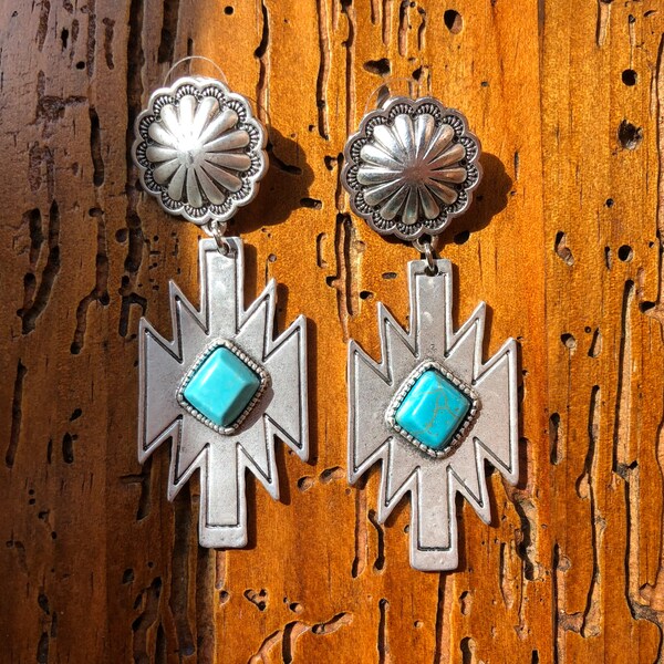 2.8" Concho Post, Aztec Natural Turquoise Earrings