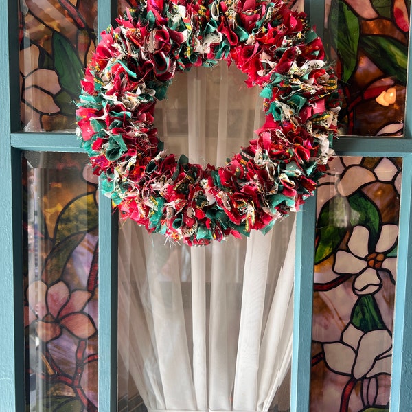 Boho Multicolored Fabric Wrapped Rag Wreath, Shabby Chic, Bohemian Home Decor, Sari Silk, Silk Wrap, Upcycled, Recycled, Seasonal, Christmas