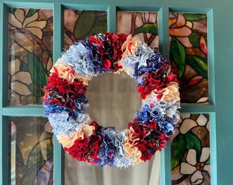 Boho Fabric Rag Wreath: Multicolored Sari Silk, Upcycled Decor