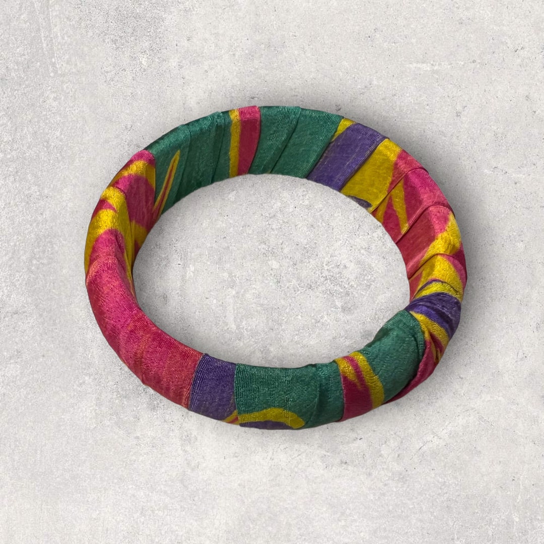 Boho Large Fabric Wrapped Wood Bangles, Bohemian Sari Silk Bracelet