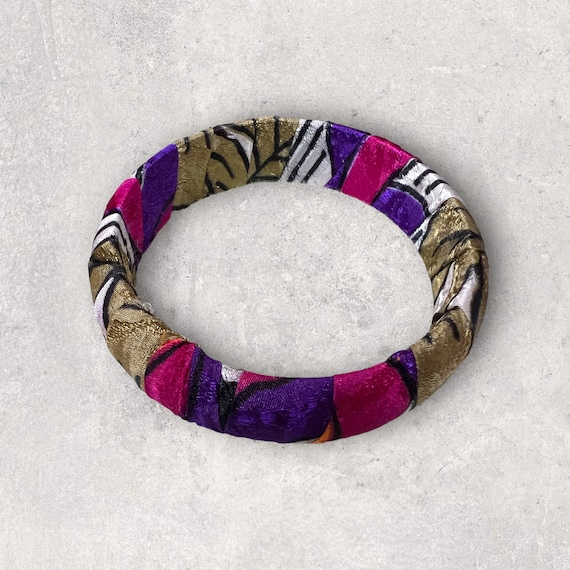 Boho Large Fabric Wrapped Wood Bangles, Bohemian Sari Silk
