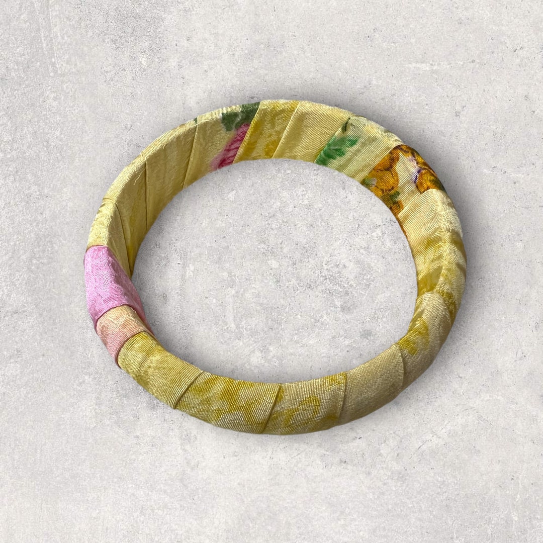 Boho Large Fabric Wrapped Wood Bangles Bohemian Sari Silk Etsy