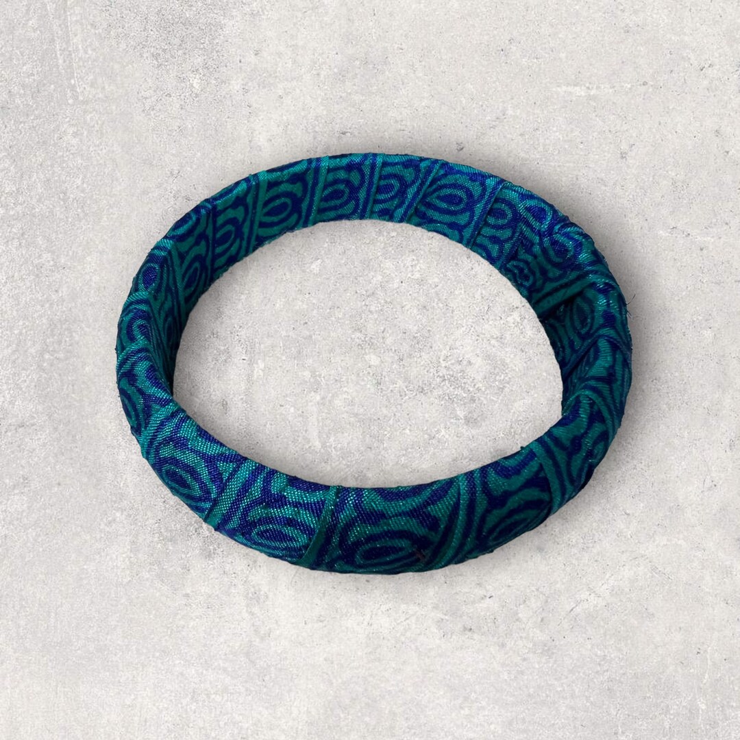 Boho Large Fabric Wrapped Wood Bangles Bohemian Sari Silk Etsy