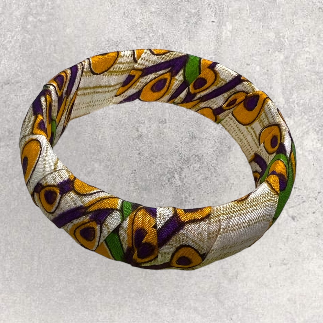 Boho Large Fabric Wrapped Wood Bangles, Bohemian Sari Silk Bracelet