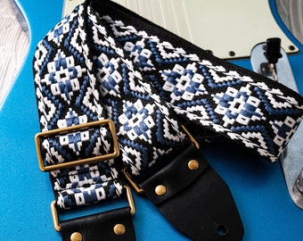 Marrakech Navy vintage custom handmade guitar strap, Genuine leather ends