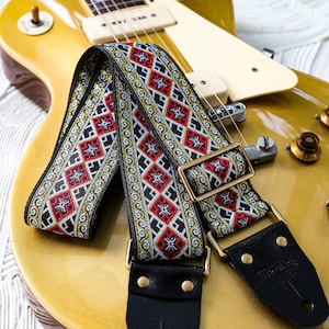 Tehran vintage custom handmade guitar strap, Genuine leather ends