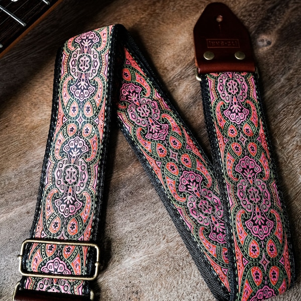 Handmade ethnic guitar strap "Jaipur" Genuine brown leather ends