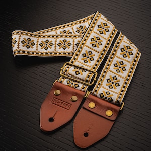 NEW Aztec vintage custom handmade guitar strap, Genuine leather ends