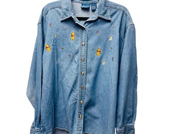 Vtg Pooh Disney Denim Shirt L Winnie the Pooh Embroidered Nostalgic Cottagecore