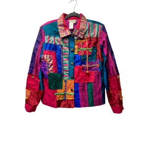 Coldwater Creek Patchwork Jacket M Silk Blend Art to Wear Boho Rainbow Ren Faire
