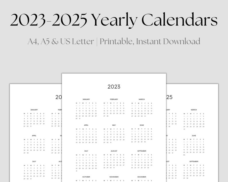 Printable 20232025 Yearly Calendars Simple Yearly Planner Etsy