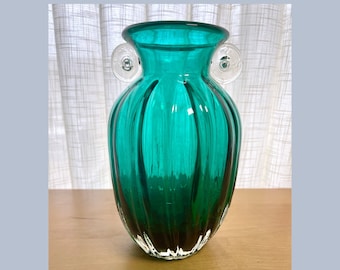 Vintage Green Art Glass Vase: Italian Handblown Vase with Applied Handles