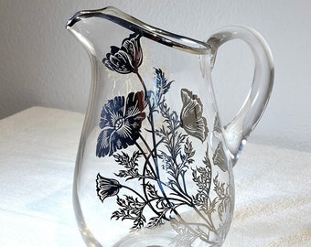Flanders 8.5” x 5” Round Pitcher Silver City Glass Sterling Overlay Springtime Pattern