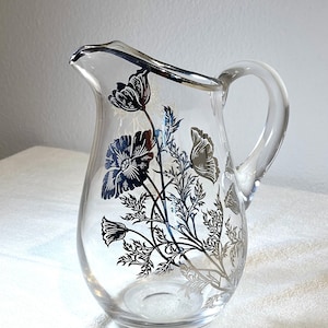 Flanders 8.5” x 5” Round Pitcher Silver City Glass Sterling Overlay Springtime Pattern