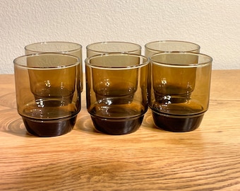 Set of SIX Vintage MCM Tawny Glass Stackable Drinking Glasses | Retro Rocks Glasses | Vintage Barware | MCM Retro Glass | Bar Cart