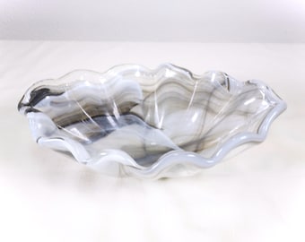 Murano Style Art Glass Bowl, Black Gray White Swirl, Ruffled Wave Shell Italian Centerpiece
