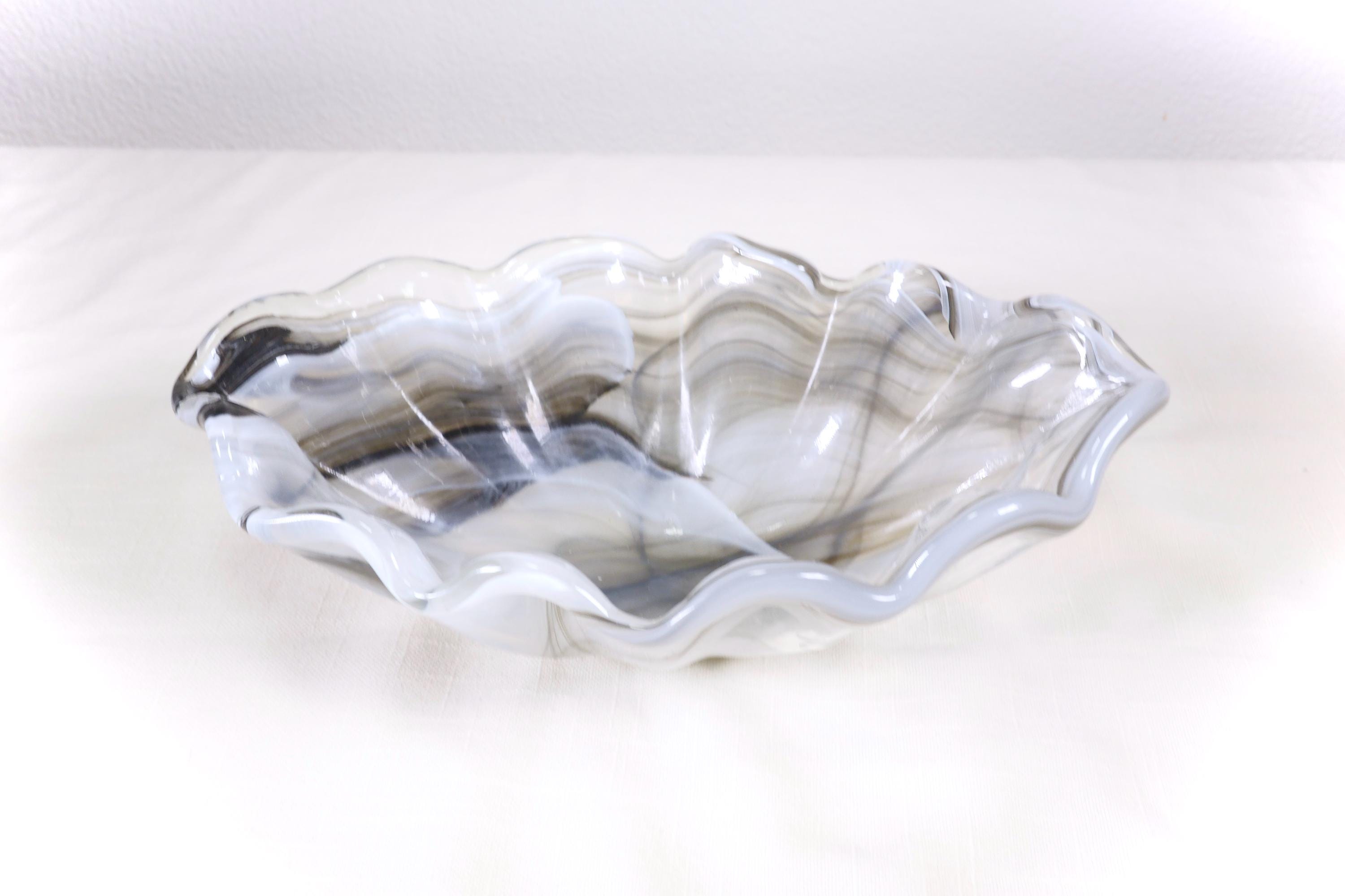 Murano Style Art Glass Bowl, Black Gray White Swirl, Ruffled Wave Shell Italian Centerpiece